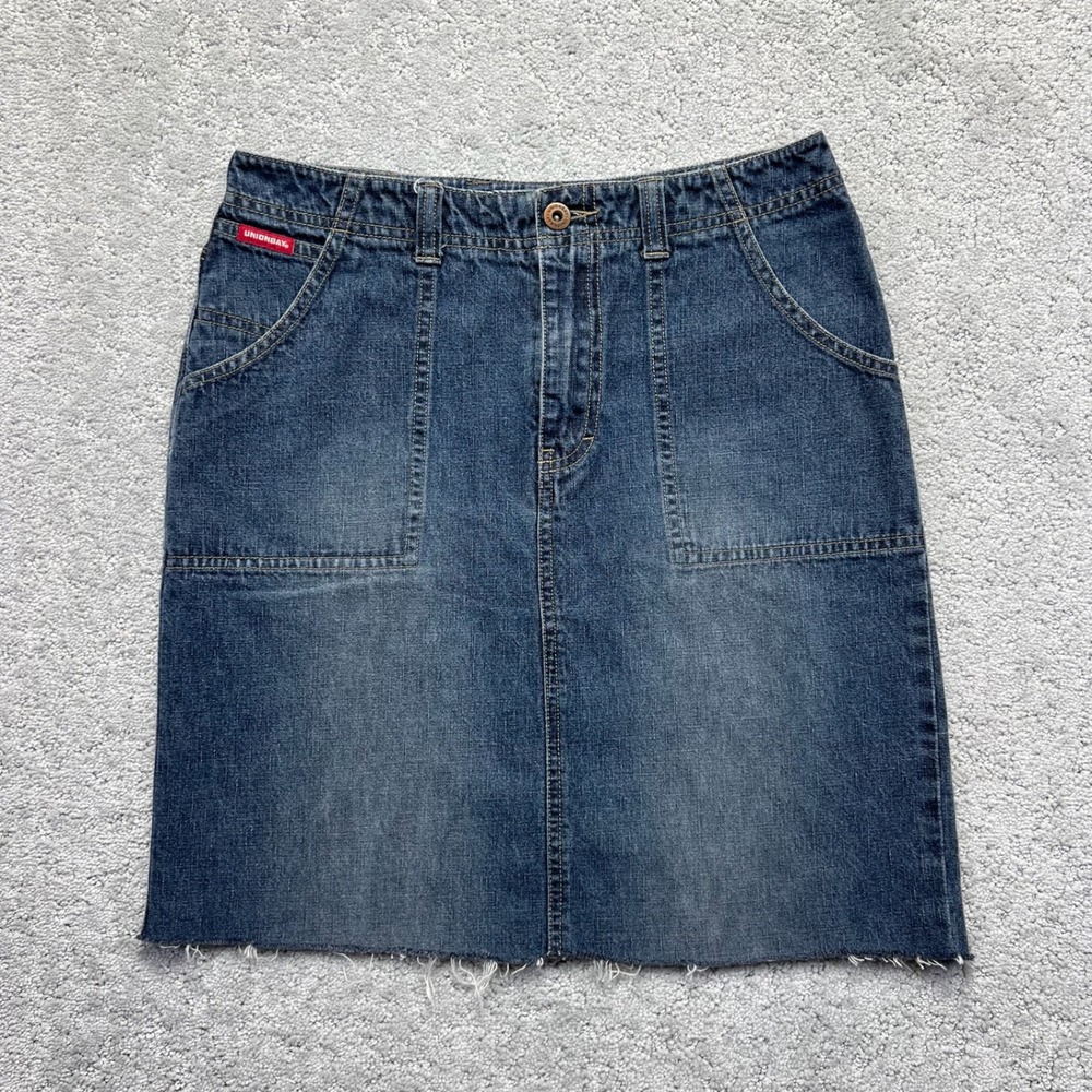 Unionbay Mini Skirt Womens 5 Blue Dark Wash Denim Y2K Raw Hem Utility Pockets